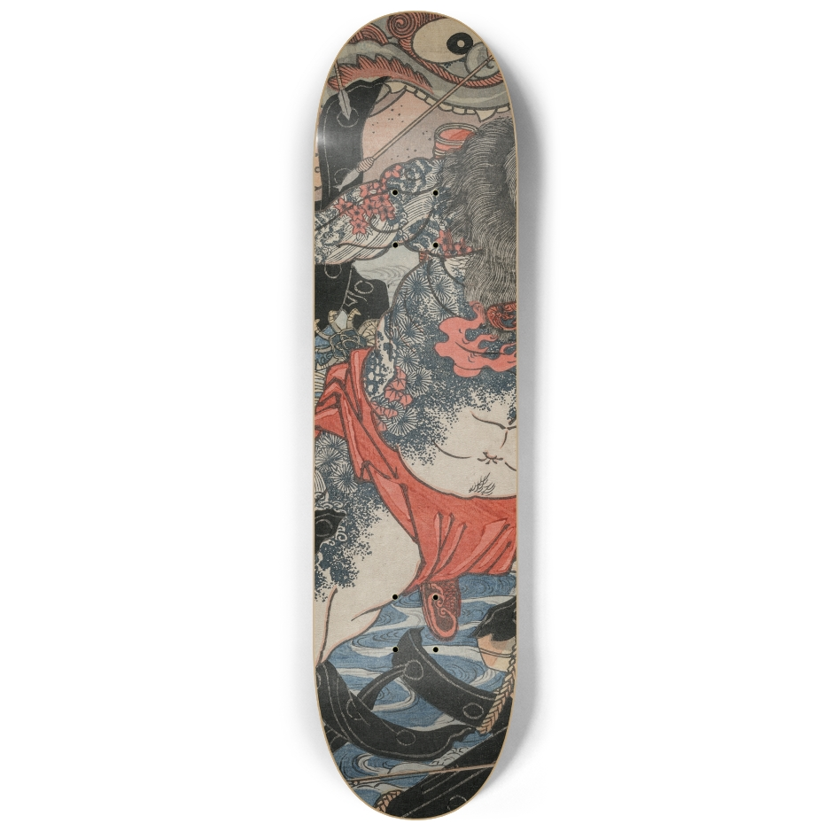 Center deck showing Rōri Hakuchō Chōjun’s intense facial expression and upper torso, including ornate armor and swirling motion lines typical of Kuniyoshi’s warrior prints.