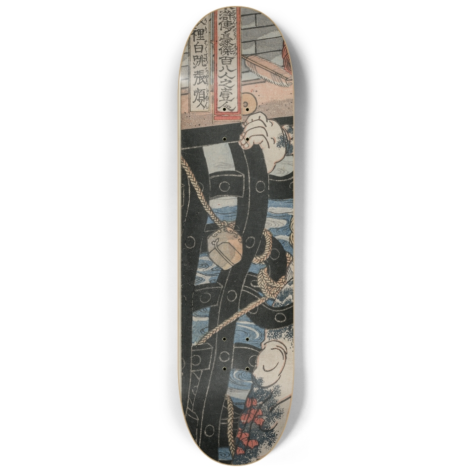 Left deck of the triptych featuring Rōri Hakuchō Chōjun’s flowing robes and part of his extended arm, rendered in bold ukiyo-e lines and vibrant color.