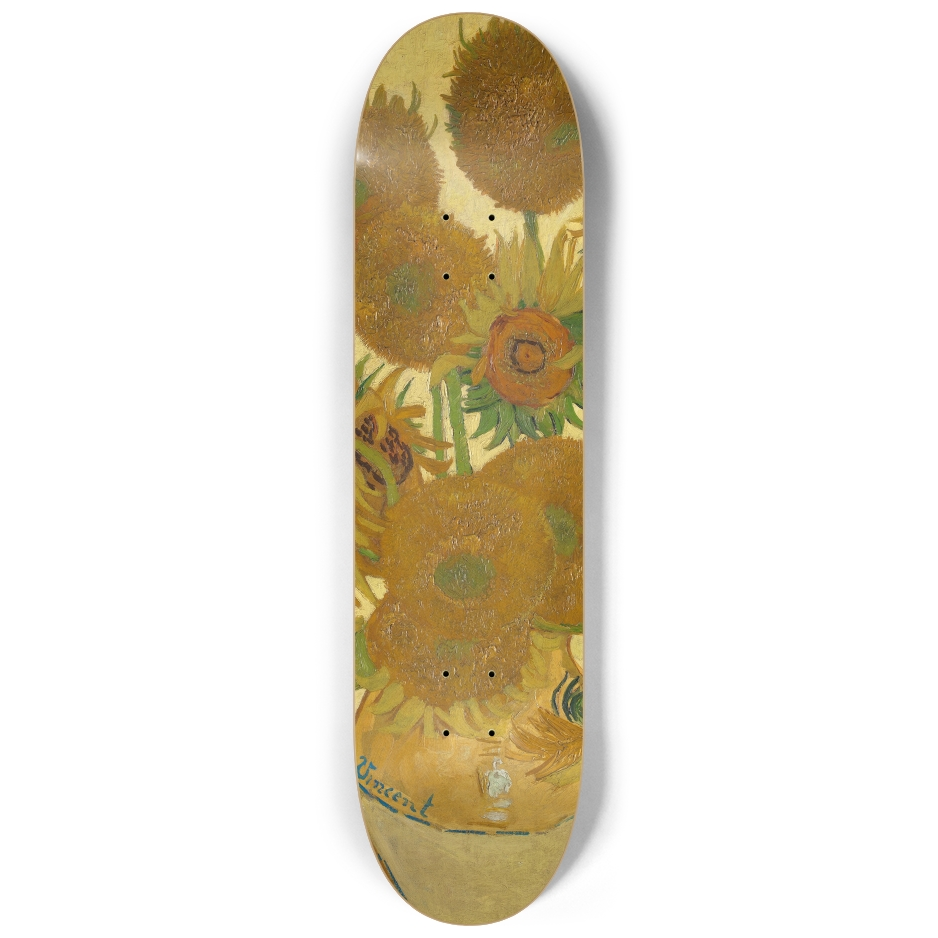 Center Skateboard deck with sunflower design on a white background