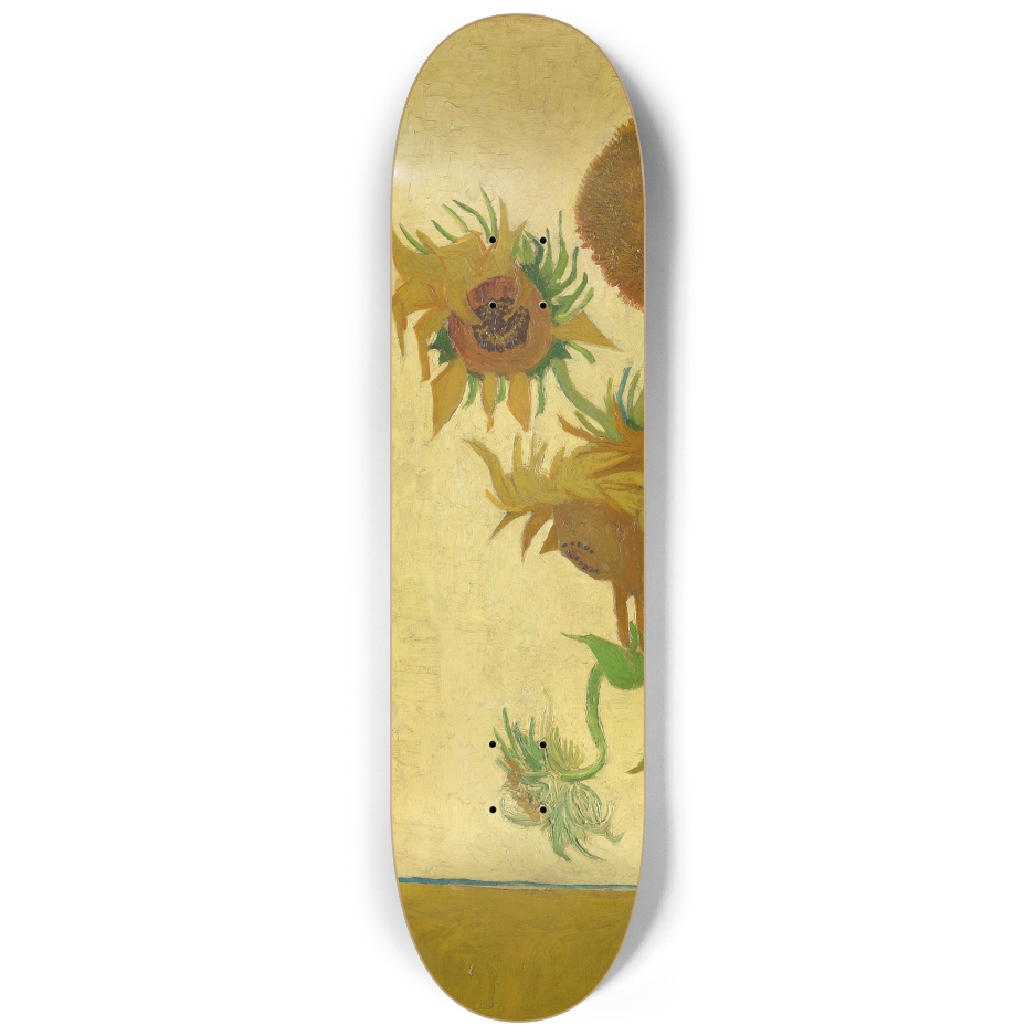 Skateboard deck with sunflower design on a white background