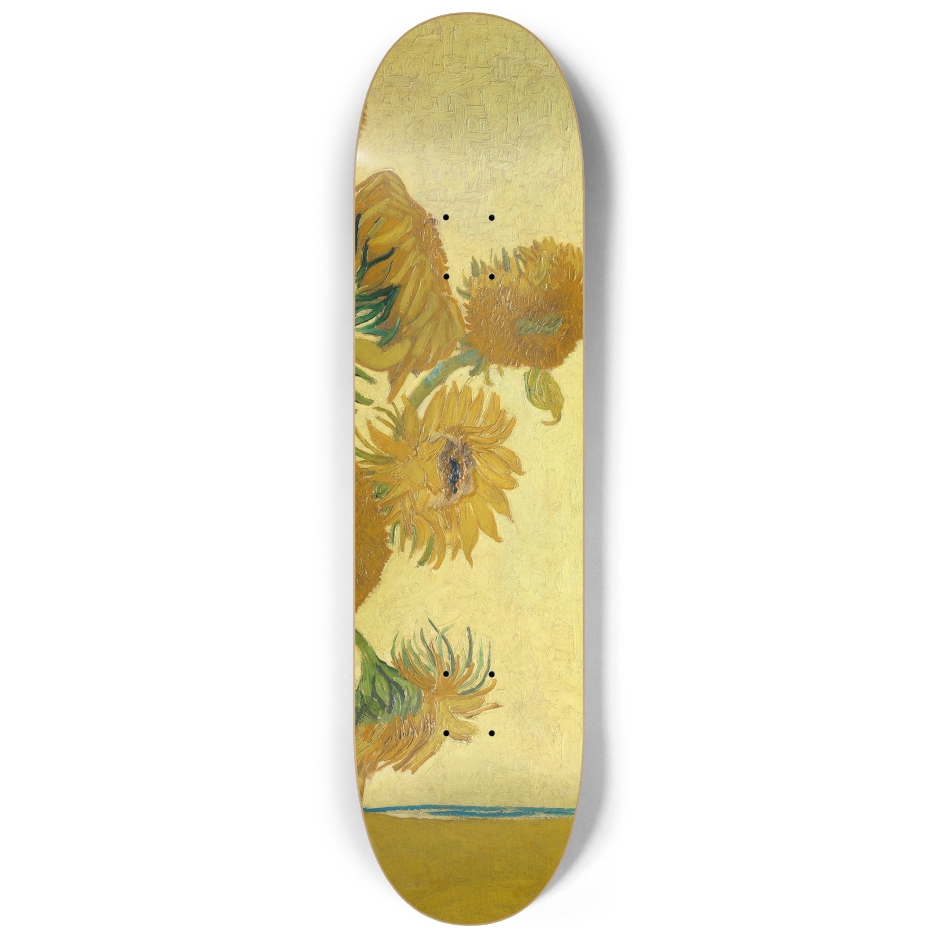 Right Skateboard deck with sunflower design on a white background