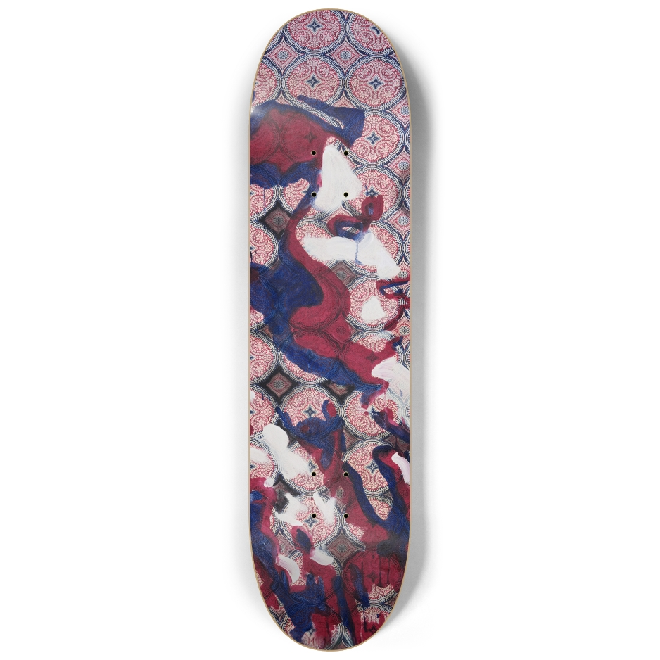 Center deck from Heritage skateboard series showing facial features emerging from red and blue strokes