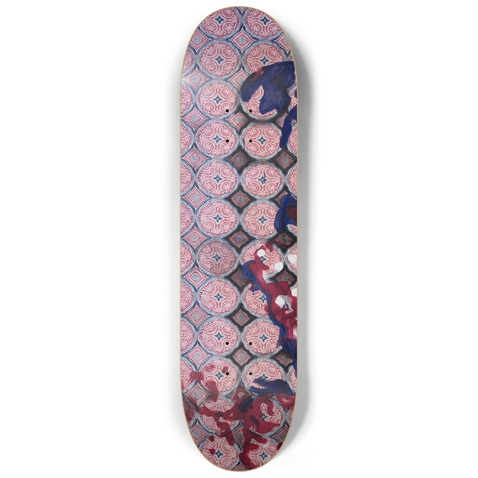 Left skateboard deck from Heritage triptych by Justin Chapman with swirling red brushwork and detailed background pattern