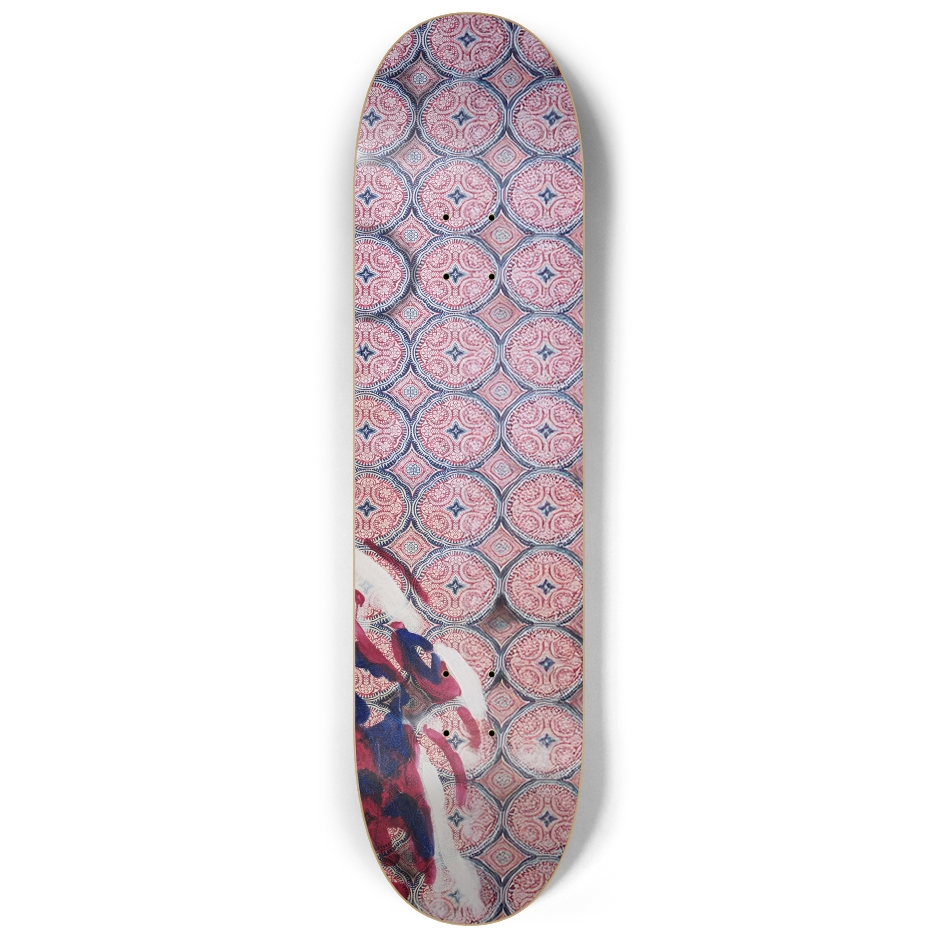 Right skateboard deck from Heritage triptych with expressive brush marks layered over traditional geometric patterns