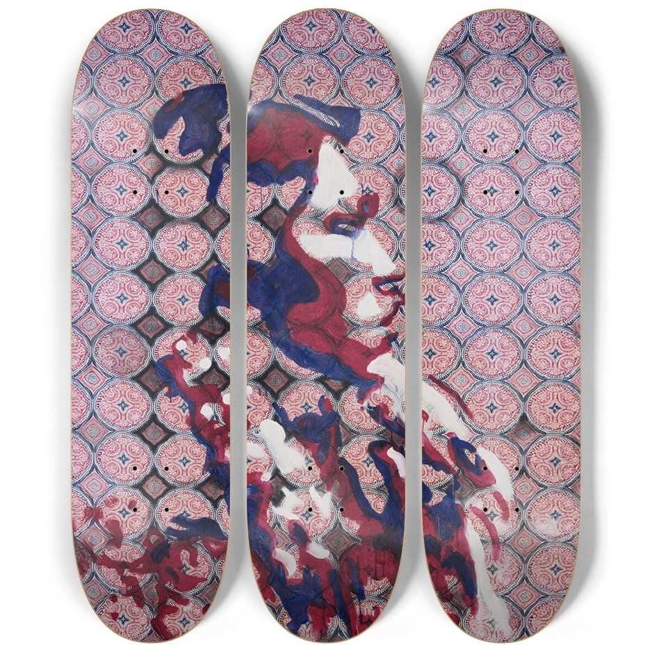 Heritage triptych skateboard by Justin Chapman featuring an abstract red, white, and blue portrait over ornate repeating patterns