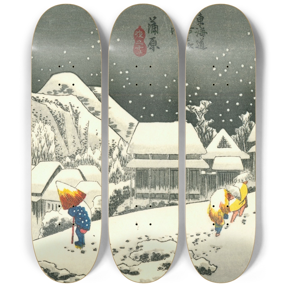 Kanbara: Snowy Night Skateboard Triptych by Hiroshige — Full 3-Deck Art Set