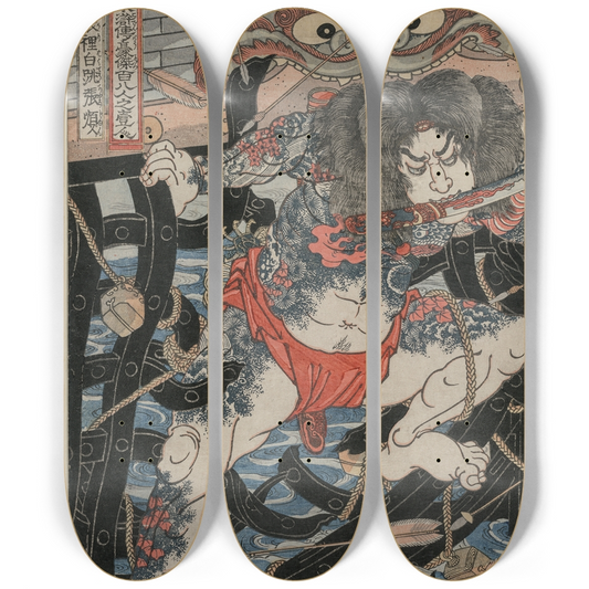 A triptych of three skateboard decks displaying Utagawa Kuniyoshi’s dynamic warrior print of Rōri Hakuchō Chōjun from the 108 Heroes of the Suikoden, arranged to form a single dramatic action scene across the decks.