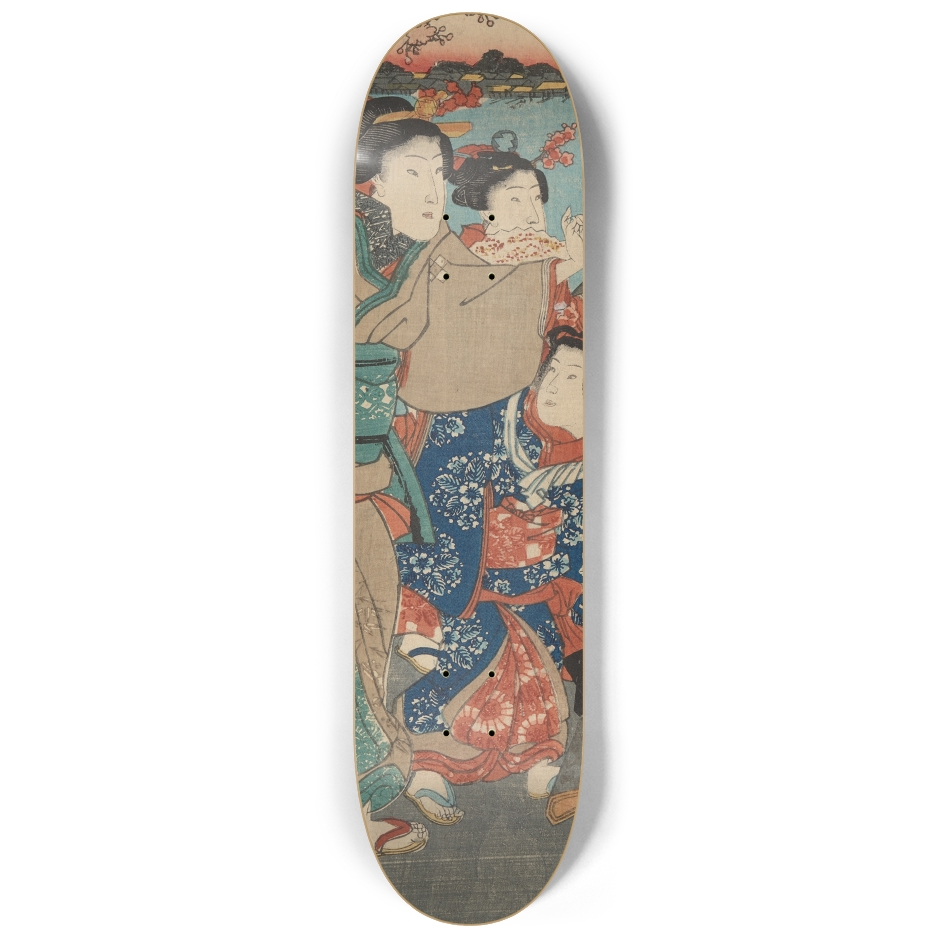 Center deck capturing three women mid-conversation, illustrating the detailed clothing and natural postures typical of Kuniyoshi’s portrayal of feminine life.