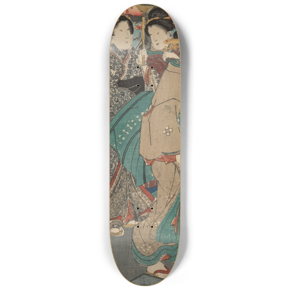 Left skateboard deck showing two women in patterned kimono, one holding a parasol, against the flowing backdrop of a riverside path.