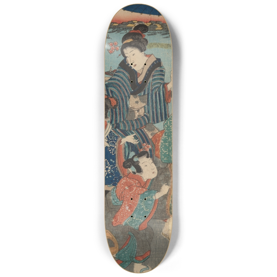 Right deck completing the triptych with two more women, one sheltering under an umbrella, framed by a calm river scene in the background.