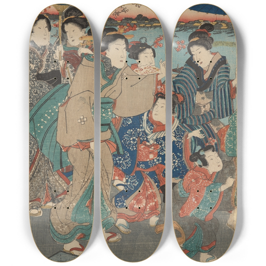 A triptych of three skateboard decks featuring Kuniyoshi’s woodblock print of seven women in traditional kimono, two holding umbrellas, walking beside a river.