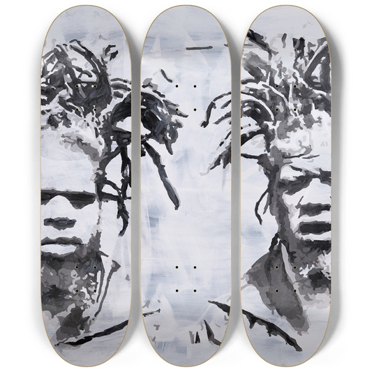 Triptych skateboard art featuring George Muse on the left and Willie Muse on the right, painted in black and white by Justin Chapman