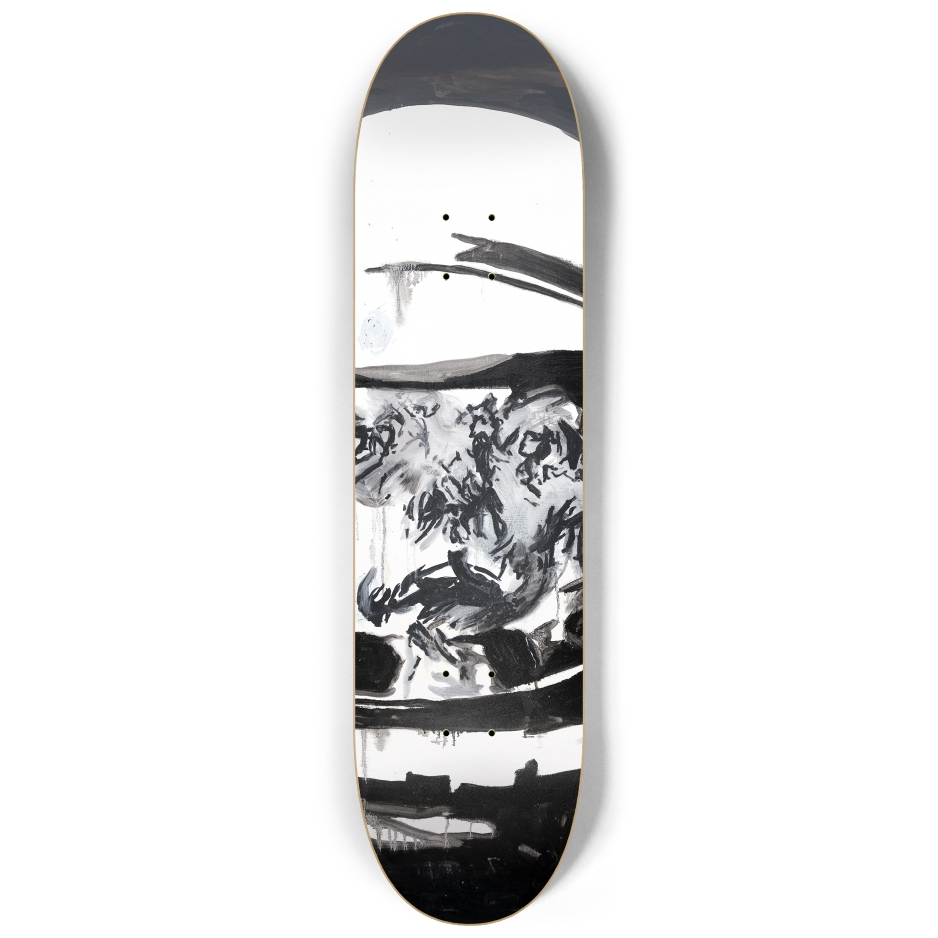 Center deck of the "Space Man" triptych by Justin Chapman, highlighting the torso and helmet of a stylized monochromatic astronaut.