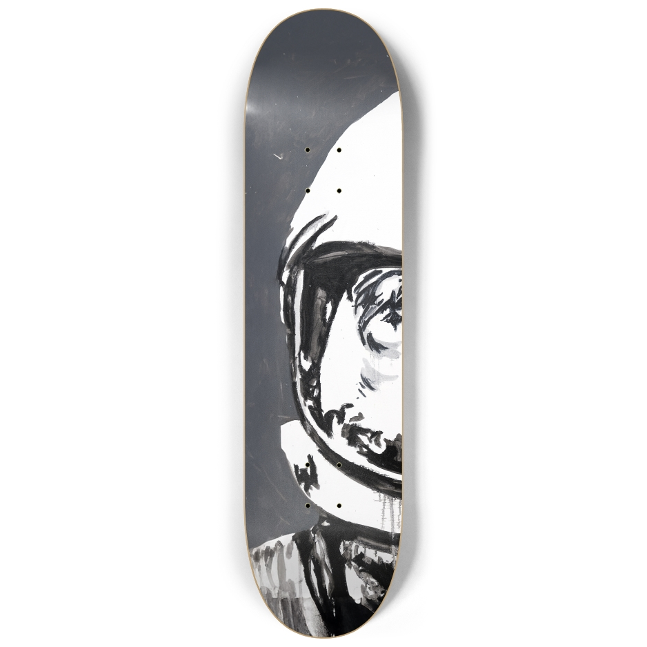 Left panel of the "Space Man" skateboard triptych by Justin Chapman, showing the beginning of a black and white astronaut figure.