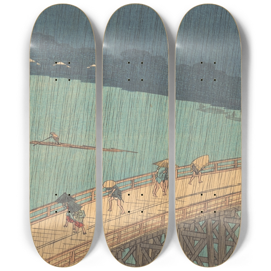 Sudden Shower Over Shin-Ōhashi Bridge Skateboard Triptych by Hiroshige — Full 3-Deck Art Set