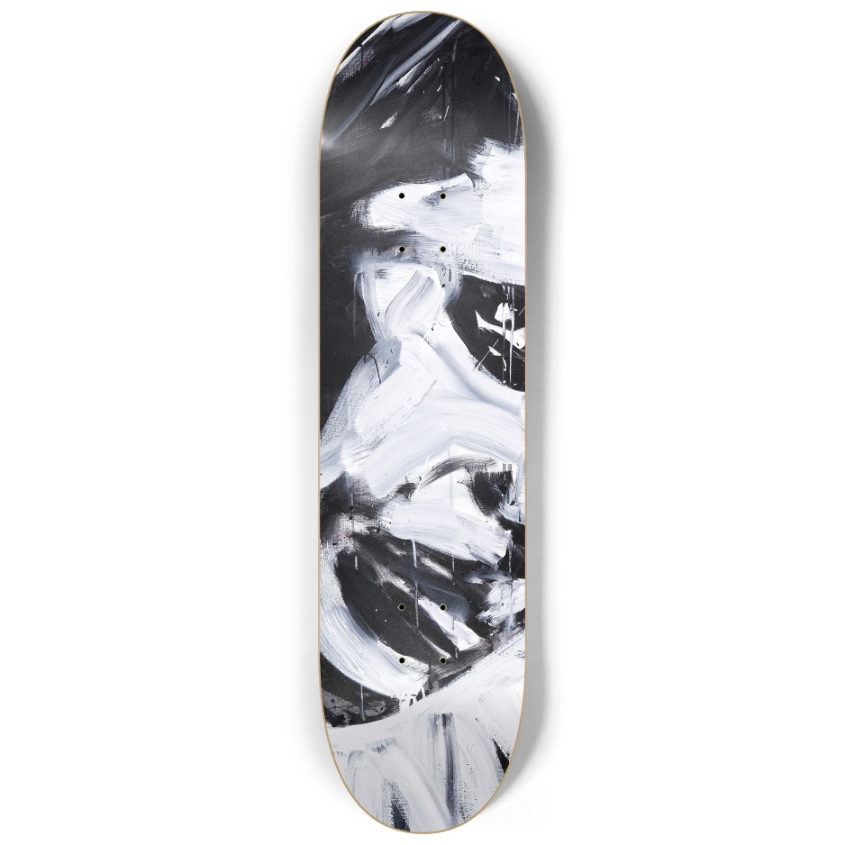 Left deck from Justin Chapman’s untitled triptych featuring the left eye and part of a face in expressive black and white brushstrokes