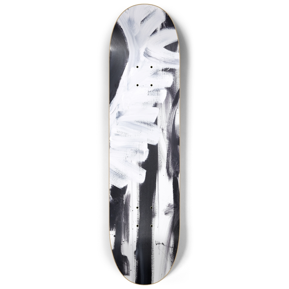 Right deck from Justin Chapman’s untitled skateboard triptych with bold white strokes on dark background