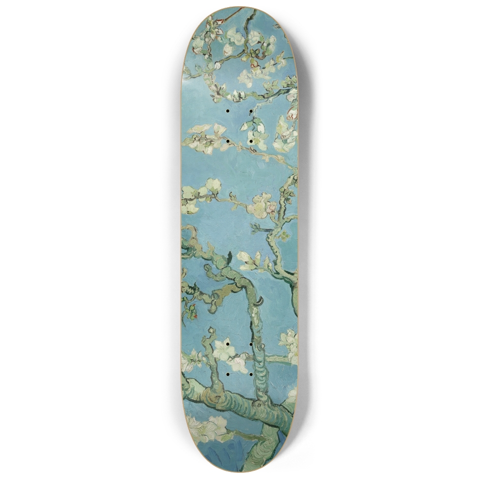 Center skateboard deck featuring Van Gogh's Almond Blossoms on soft blue sky