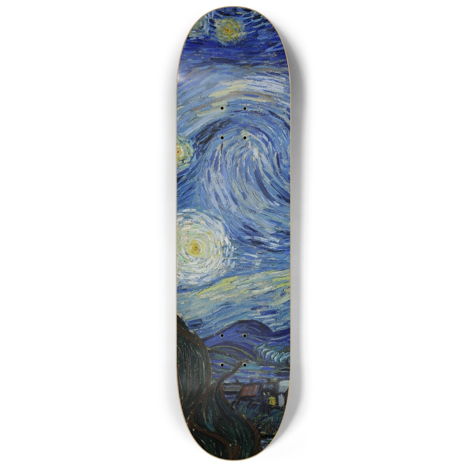 Van Gogh Starry Night center skateboard deck with swirling blue sky