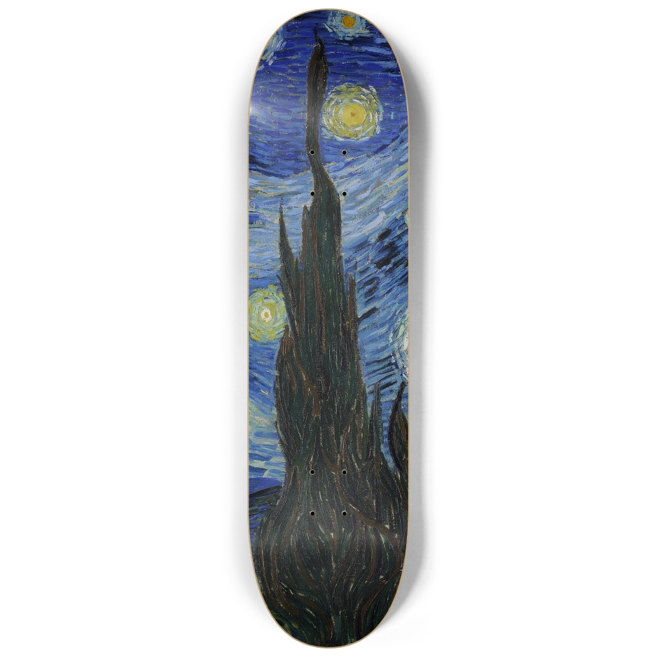 Van Gogh Starry Night left skateboard deck with cypress tree and hills