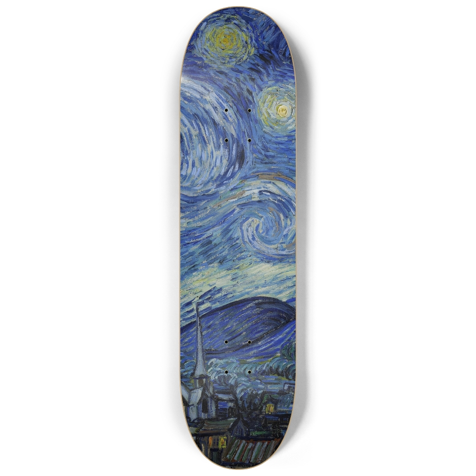 Van Gogh Starry Night right skateboard deck with crescent moon and stars