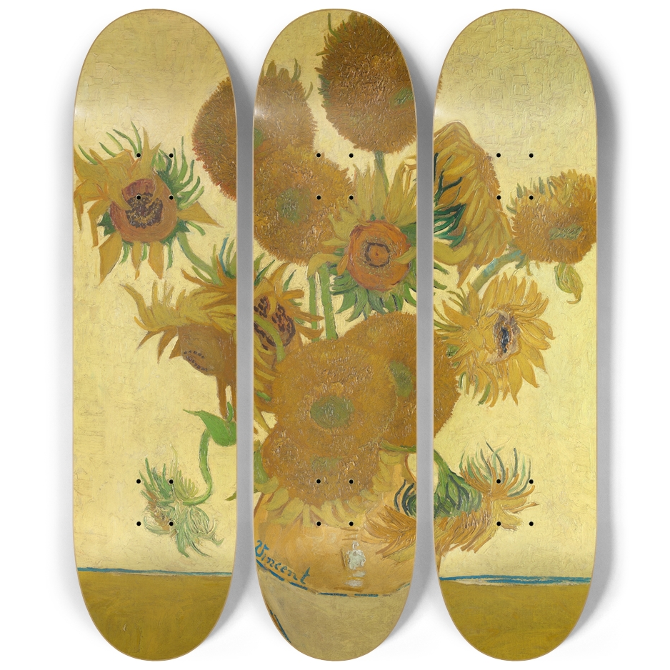 Van Gogh Sunflowers 3-piece skateboard deck triptych – full wall art view